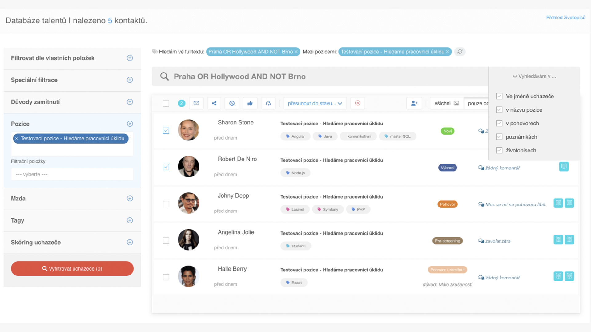 Talent pool consists of the <strong>responses to your job posts</strong>, filled-in forms on career sites or contacts acquired from the individual landing pages.<br>Thanks to Recruitis, you can create <strong>several different landing pages</strong> and use them at fairs for <strong>registration of students</strong> or other candidates. You can then easily <strong>filter</strong> the database, <strong>recycle</strong> the searched candidates back to new positions, or just <strong>send them an email</strong> with some news.