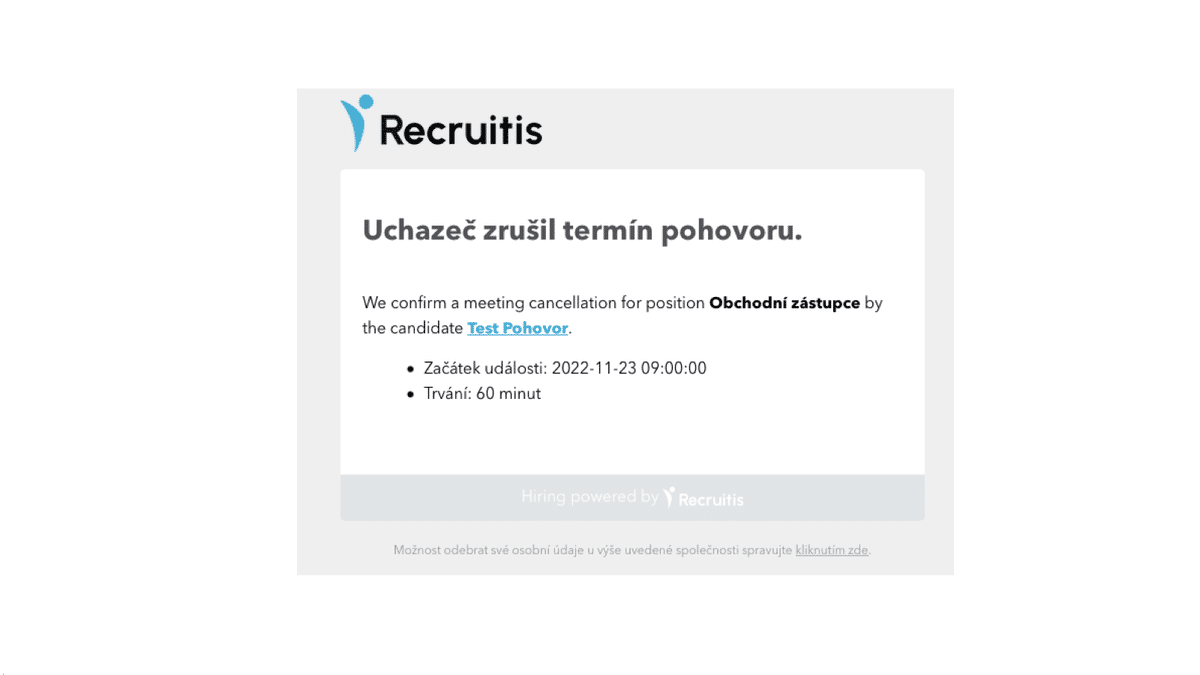 Příklad notifikace o zrušení u recruitera