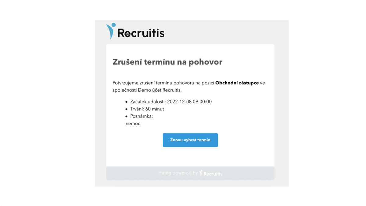 Notifikace zaslaná kadidátovi